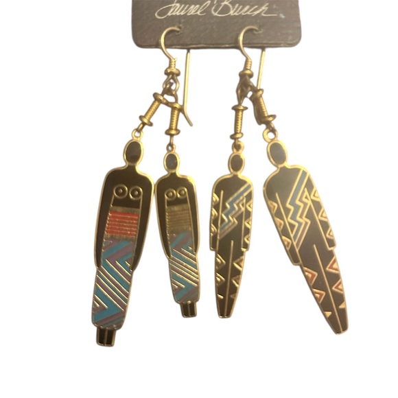 80s Vintage Laurel Burch Tribal People 12 Karat Gold Dangle Drop Earrings - Picture 3 of 8